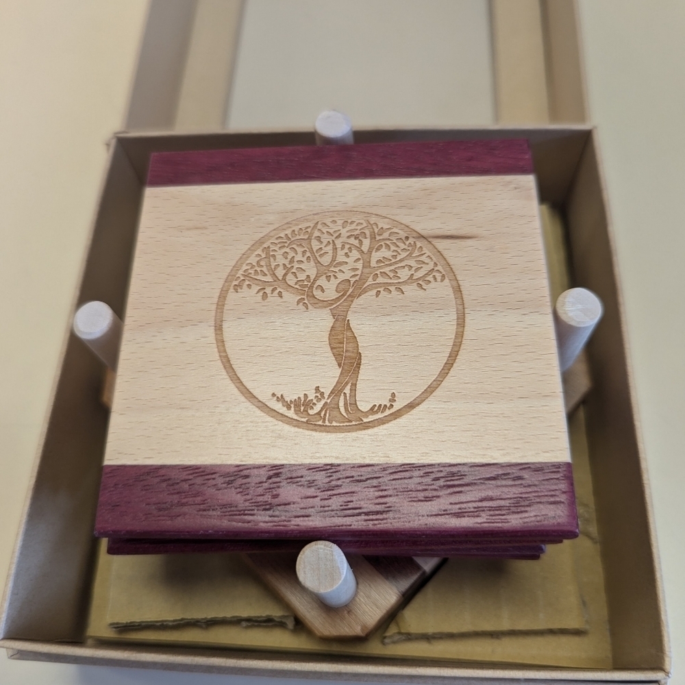 Heirloom Coasters Artistry with Wood with stand in box, NIB  NWOT